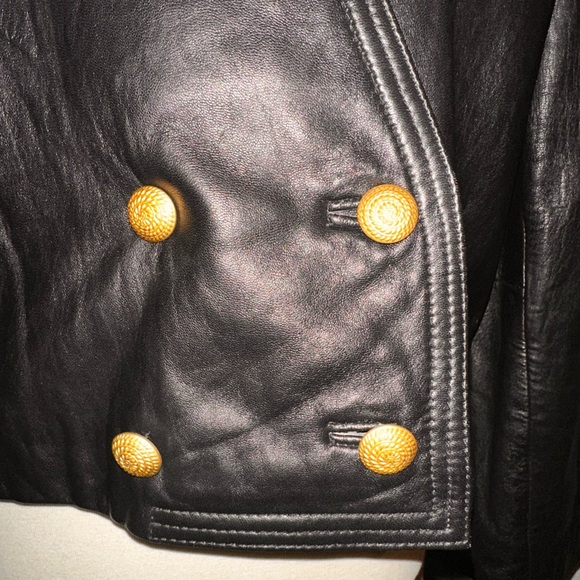 VINTAGE Black Leather Double-Breasted Jacket - Picture 2 of 6